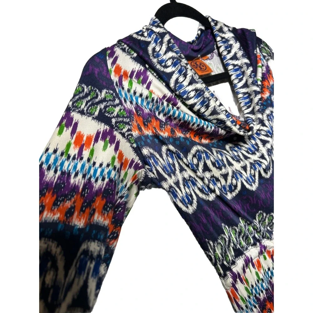 Tory Burch Silk Long Sleeve Cowl Neck Mini Dress Fantasy Print Sz Small‎ EUC